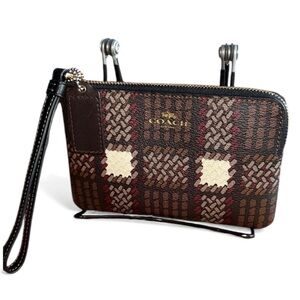 💖 NWT Coach Brushed Plaid Corner Zip Wristlet ✨ Brown Multi Chic